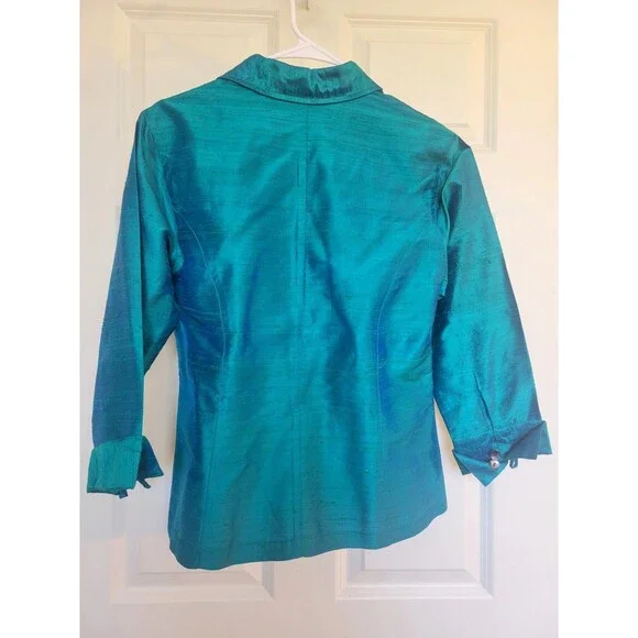 Anü by Natural Women's 100% Pure Nubbed Silk Shirt Jacket Small Teal Iridescent - Picture 2 of 4